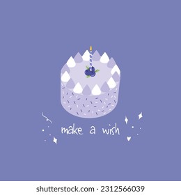 Minimalist birthday illustration. Purple cute cake with blueberry and candle. Vector illustration. Cartoon birthday postcard.