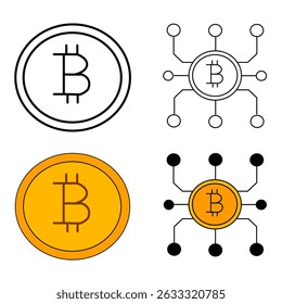 Minimalist Bitcoin cryptocurrency icon set featuring both line and filled styles. This collection includes simple coin symbols and blockchain network representations, ideal for use in fintech projects