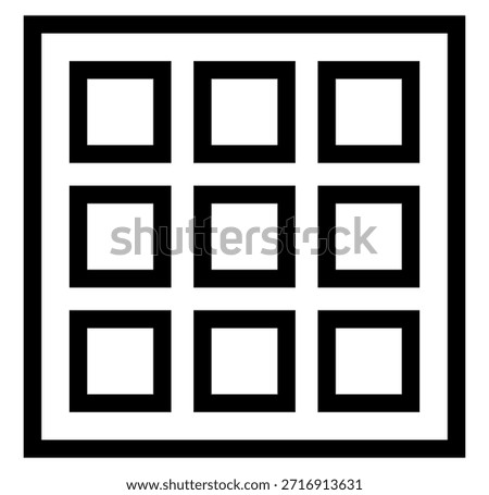 Minimalist black 3x3 grid icon, perfect for modern web design and user interfaces. This clean vector symbol represents organization, menu layouts, and gallery views for digital platforms.