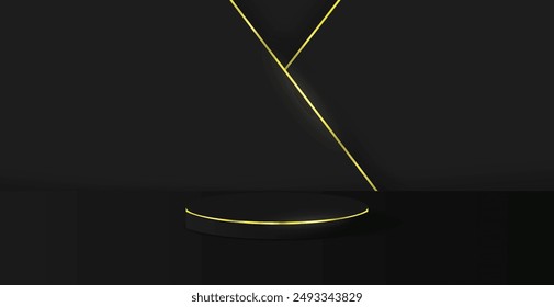 Minimalistischer abstrakter Hintergrund aus Premium mit einem schwarzen Sockel und sich schneidenden goldenen Linien auf einem dunklen Hintergrund. Ideal für Produktwerbung, mit einem schlanken und futuristischen Design.