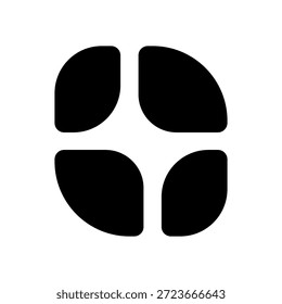 Ein minimalistisches schwarzes abstraktes Symbol, das aus vier gekrümmten, blattähnlichen Formen besteht, die symmetrisch um einen zentralen Punkt angeordnet sind und ein stilisiertes Kreuz auf sauberem, weißem Hintergrund ergeben.