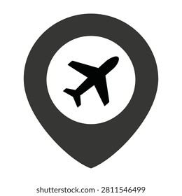 A minimalist black airplane symbol inside a map location pin marker. This simple icon signifies airport terminals, flight destinations, travel navigation, and tourism.