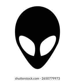 Minimalist black alien head icon on white background, outer space concept