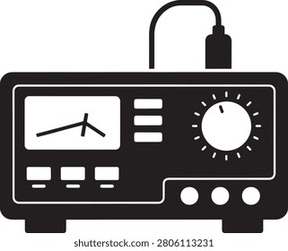 Minimalist black amplifier icon featuring a volume dial and power buttons for retro design use