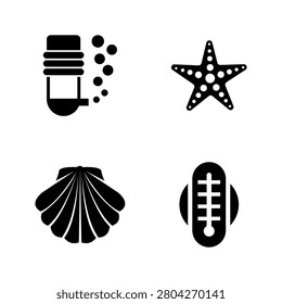 Minimalist black aquarium icons featuring a water filter, starfish, seashell, and thermometer on a white background.