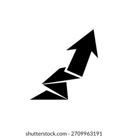 A minimalist black arrow composed of geometric shapes, pointing diagonally upwards, representing advancement and positive trends.