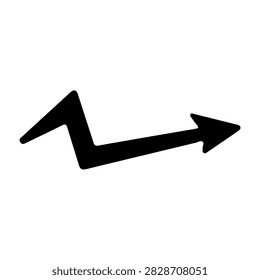 A minimalist black arrow symbol with a sharp turn pointing to the right, set against a plain white background.