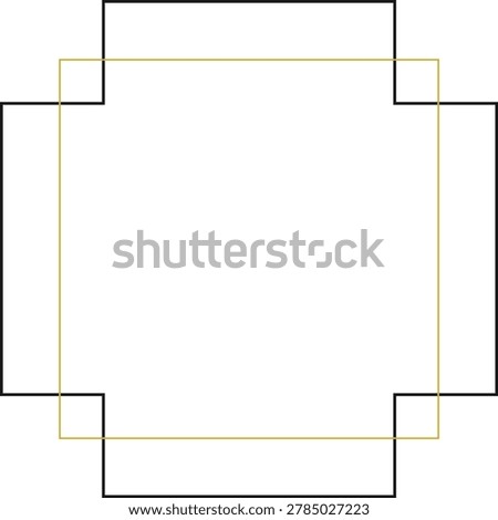 Minimalist black art deco frame with inverted corners and a thin gold geometric rectangle border over a white illustration. illustration