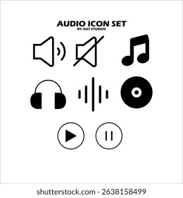 Minimalist black audio icon set featuring speaker, mute, music note, headphones, waveform, CD, play, and pause. Ideal for apps, UI, media players. Vector format, fully scalable and editable.
