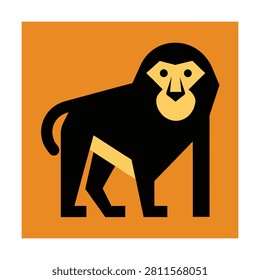 Minimalist of a black baboon standing on a solid orange background square