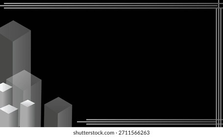 Plano de fundo preto minimalista com blocos geométricos 3D e moldura de linha moderna