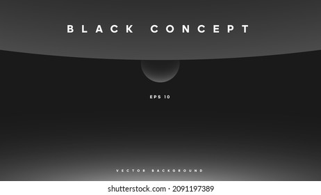 Fondo negro minimalista con cuerpo celestial y resplandor claro. Diseño de papel pintado oscuro para banner, exposición de ciencia o arte, afiche, pancarta, folleto, presentación, etc. Ilustración vectorial.