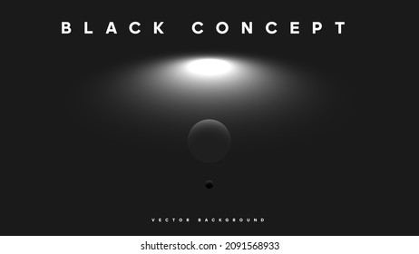 Fondo negro minimalista con cuerpos celestiales y fuente luminosa brillante. Diseño de papel pintado oscuro para banner, exposición de ciencia o arte, afiche, folleto, presentación, etc. Ilustración vectorial.