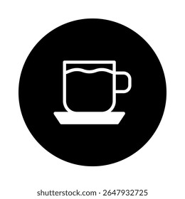 A minimalist black background image showcasing a white coffee cup icon filled with liquid resting on saucer