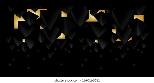 Minimalist black background. Modern design with 3 D geometric triangle shapes and inverted pyramids. Dark geometric design with square pyramids and light gold shapes. Vector stock illustration