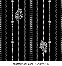 Minimalist black background. Seamless pattern with chains, beads.  Abstract monochrome illustration in fashion style. Idea  for material, scarf, fabric, textile, wallpaper, wrapping paper. Vector
