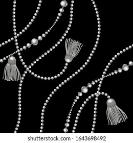 Minimalist black background. Seamless pattern with chains, beads.  Abstract monochrome illustration in fashion style. Idea  for material, scarf, fabric, textile, wallpaper, wrapping paper. Vector
