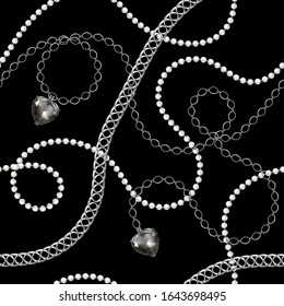 Minimalist black background. Seamless pattern with chains, beads.  Abstract monochrome illustration in fashion style. Idea  for material, scarf, fabric, textile, wallpaper, wrapping paper. Vector
