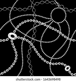 Minimalist black background. Seamless pattern with chains, beads.  Abstract monochrome illustration in fashion style. Idea  for material, scarf, fabric, textile, wallpaper, wrapping paper. Vector