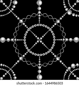 Minimalist black background. Seamless pattern with chains, beads.  Abstract monochrome illustration in fashion style. Idea  for material, scarf, fabric, textile, wallpaper, wrapping paper. Vector