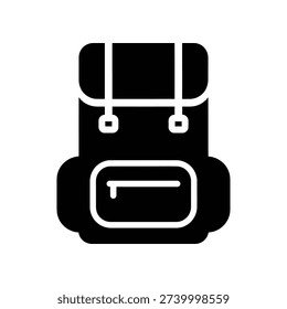 Minimalist black backpack vector icon with white straps and buckles, clean isolated design ideal for travel, education, or business branding and web use.