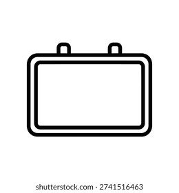 A minimalist black badge icon with a rectangular shape and two tabs on top, set against a clean white background.