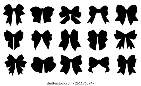 Minimalist black bow silhouettes in different styles. Great for logo design, stencils, icons, stickers, and elegant decorative elements. Simple vector shapes in flat design.