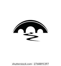 Minimalist black bridge graphic with three arches and curvy river path, architectural element for landscaping navigation or history theme.