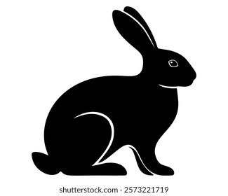 Minimalist black bunny silhouette with flowing curves and sharp details isolated on white background. Ideal for nature, Easter, or animal themed creative projects.