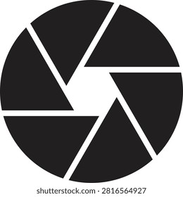 A minimalist black camera aperture icon representing photography, lens settings, and shutter speed, isolated on a clean white background.