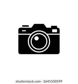 A minimalist black camera icon is shown, representing a simple photography tool for image capturing, a digital SLR snapshot device against a white backdrop.