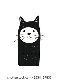 Minimalist black cat with a cute expression, doodle style, hand-drawn, on a white background