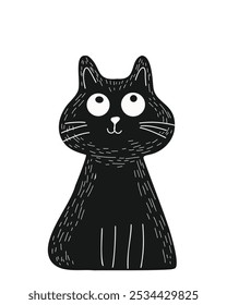 Minimalist black cat in doodle style, hand-drawn, on a white background