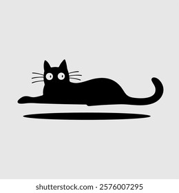 Minimalist black cat silhouette lying down with wide eyes and a curious expression. A playful and creative vector illustration, perfect for logos, stickers, branding, Halloween, and artistic designs