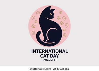 Minimalist black cat silhouette in round badge style for august 8 international cat day vector illustration