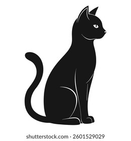 A minimalist black cat silhouette shown sitting in profile. Clean, elegant lines define the feline form. Features a solid black fill on a stark white backdrop.