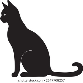 Minimalist black cat silhouette vector art. Full-body, sitting pose with clean lines on a white background. Ideal for icons, logos, pet designs, and stickers.