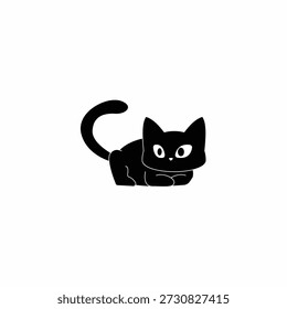 Minimalist black cat sitting and looking curious, flat vector illustration of a playful kitten mascot for stickers and logos
