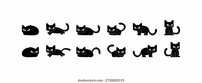 Minimalist black cat vector silhouette set featuring cute kittens in various poses like sitting, loafing, and playing