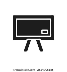 A minimalist black chalkboard icon on a stand set against a solid dark background in flat design style.