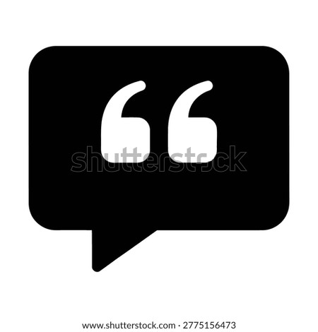 A minimalist black chat bubble with prominent white quotation marks, representing communication, dialogue, and citation in a clean graphic style.