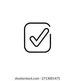 Minimalist black checkmark in a square frame, signifying confirmation, validation, or correctness, isolated on