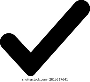 Minimalist black checkmark vector illustration displaying a bold graphic symbol of approval used for user interface design elements representing completion success accuracy and positive validation in a clean digital style