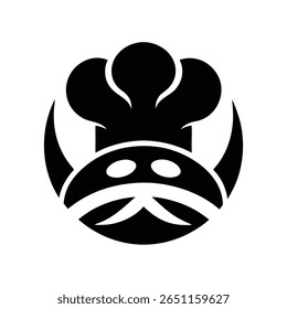 Logotipo de rosto de chef preto minimalista com bigode, olhos redondos e chapéu icônico dentro de forma circular.