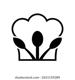 Logotipo de chapéu de chef preto minimalista com três colheres em design limpo, estilo de arte de linha moderna.