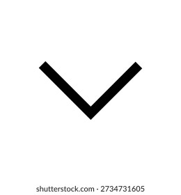 A minimalist black chevron pointing downwards, frequently used in user interfaces to indicate expandable sections or scrolling within digital applications.