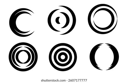 Minimalist black circle symbols with abstract curved designs, perfect for logos or icons.  