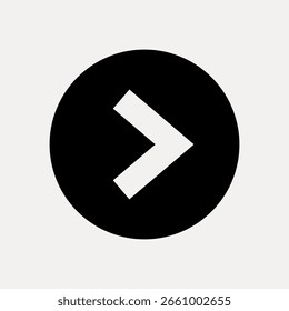 Minimalist black circle with a white right arrow. Simple design, arrow in circle. Clean and modern arrow symbol in a circle. Arrow and circle icon. Design element vector.