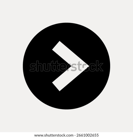 Minimalist black circle with a white right arrow. Simple design, arrow in circle. Clean and modern arrow symbol in a circle. Arrow and circle icon. Design element vector.