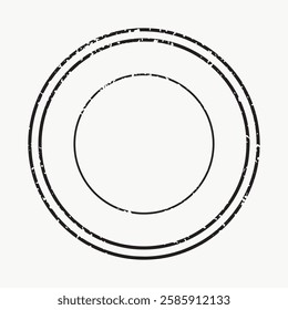Minimalist black circular design with distressed texture. Concentric circles create a modern, abstract look. Ideal for backgrounds or design elements. Travel stamp vector.